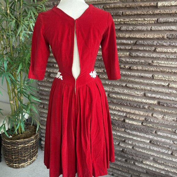 Vintage 60s Handmade Red Velvet Lace Accents Full Skirt Dress - Picture 4 of 8